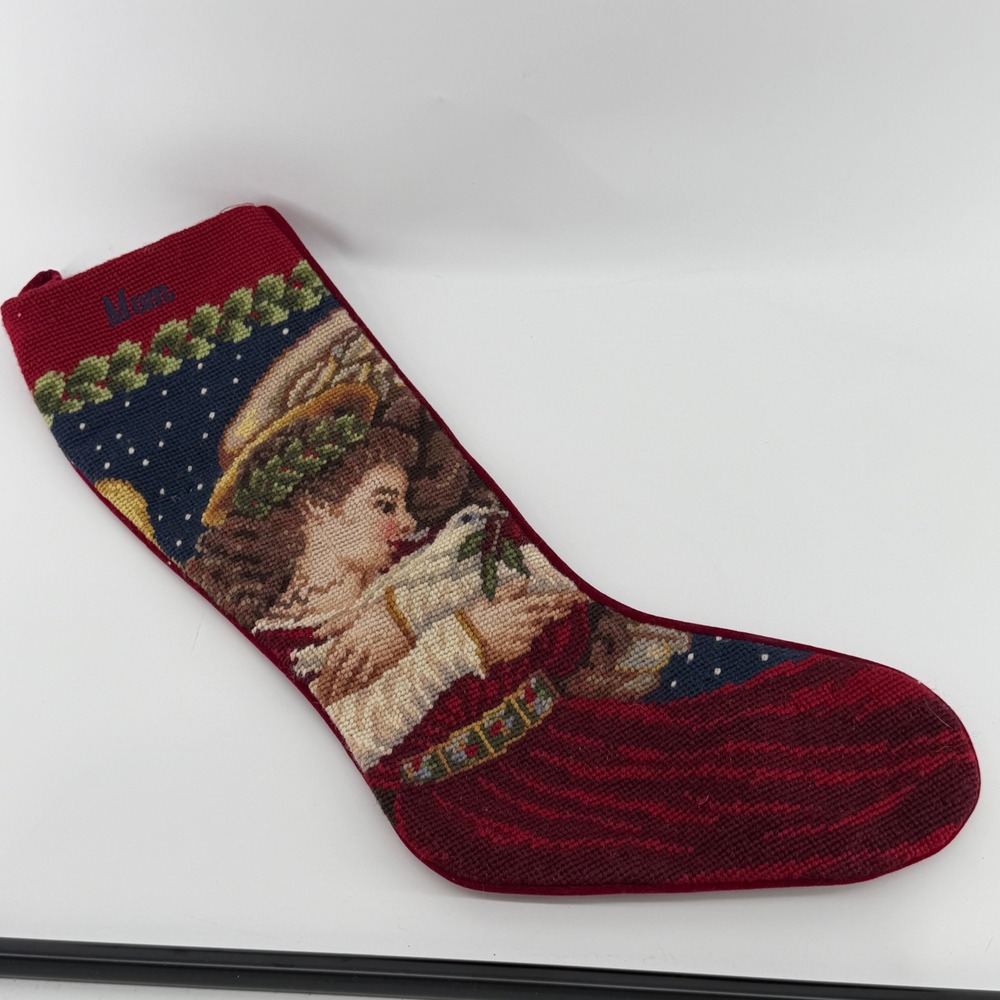 Vintage Needlepoint Christmas Stocking Mom Angel Dove Burgundy Velvet Back 19"